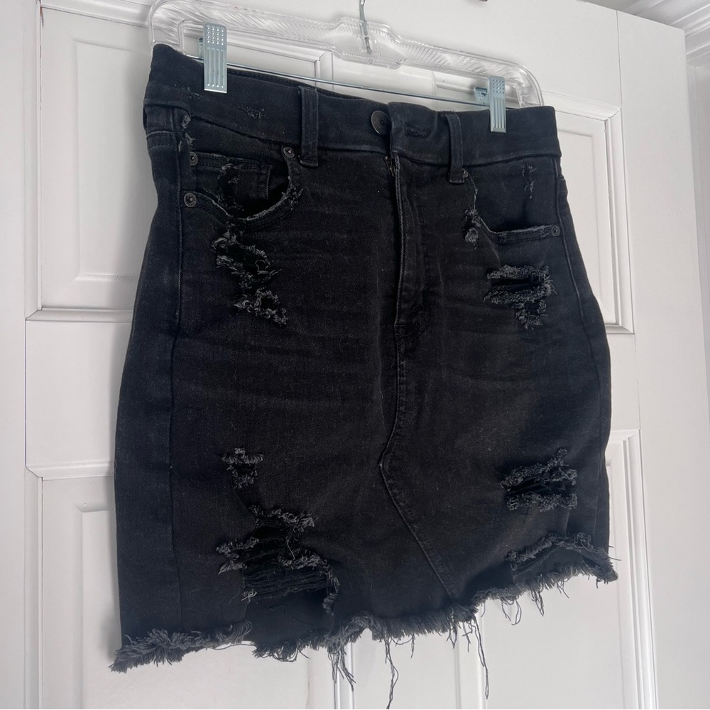 Distressed Black Denim Skirt